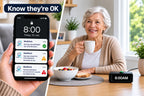 A split lifestyle and product graphic showing a hand holding a smartphone with an alarm reminder app screen, alongside an elderly woman at a breakfast table with a small black 8:00 AM digital alarm clock on the table.