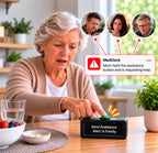 An elderly woman at a wooden table presses a black MedClock emergency alarm device. The scene includes a digital notification graphic showing three family members and a message from MedClock.