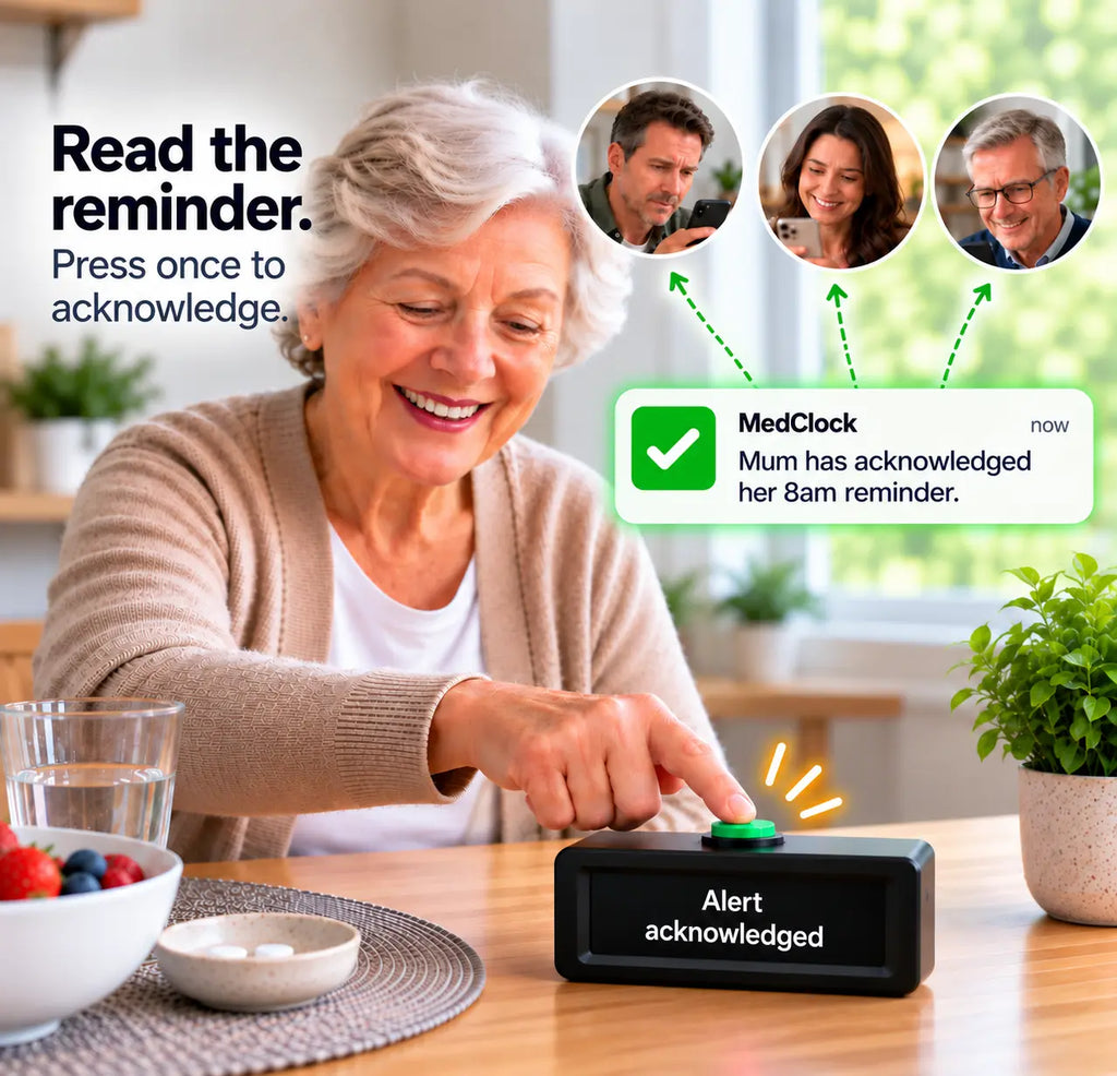 An older woman at a wooden table presses a black MedClock reminder device. The scene includes a green notification bubble reading 'MedClock Mum has acknowledged her 8am reminder.