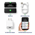 MedClock device with power adaptor, charging cable and MedClock app