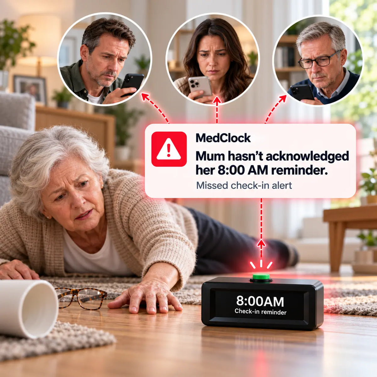 A bedside reminder device on a wooden floor in a living room, with a red glowing alarm light and a digital display reading '8:00AM Check-in reminder.' A woman is lying on the floor nearby, and three circular inset images at the top show concerned adults looking at phones.