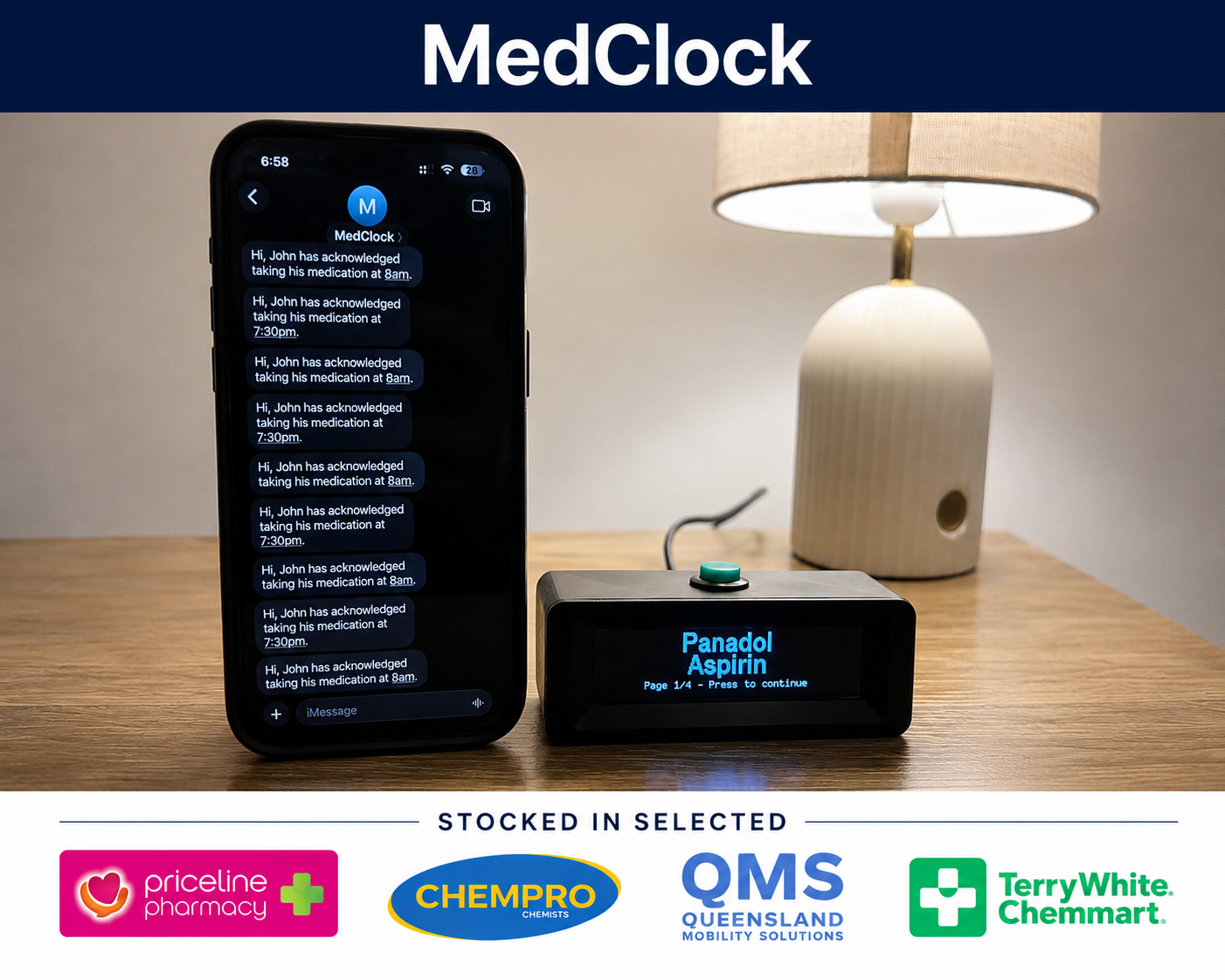 MedClock – Medication Reminders with Family Peace of Mind with 2 year SMS plan included